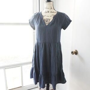 Pact Navy Blue Cotton Gauze Tiered Ruffle V‎ Neck Casual Dress Womens XS Organic